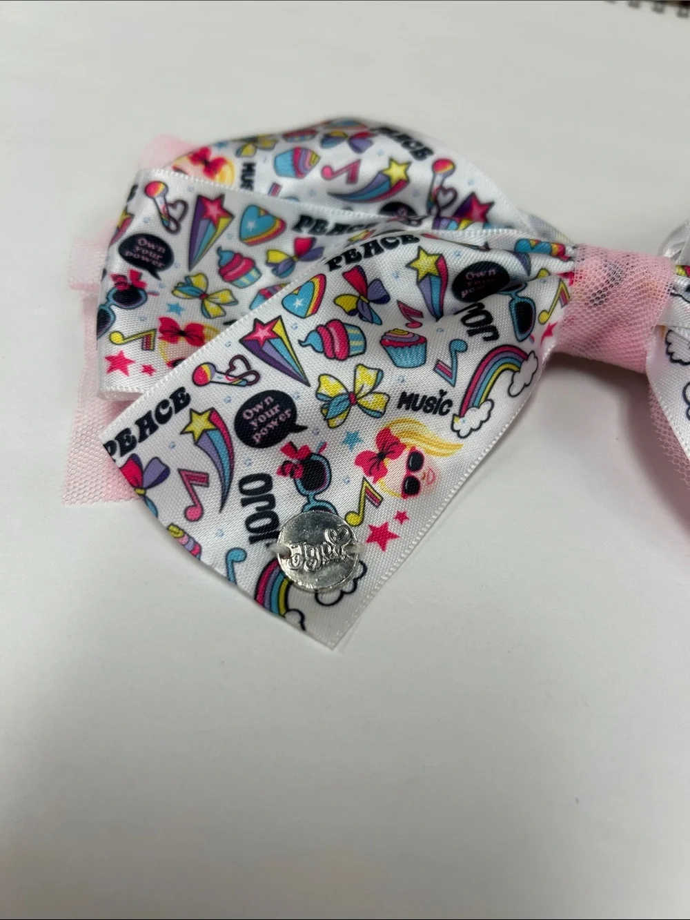 JoJo Siwa White Hair Bow with Pink Accents and Multicolor Icons